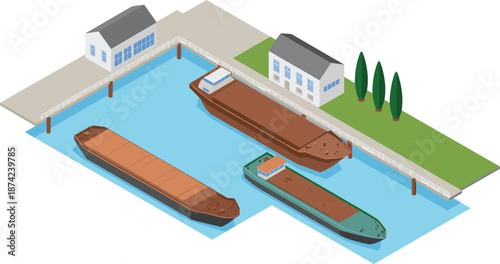 Isometric illustration of cargo ships docked at industrial port harbor, freight vessels anchored near pier with warehouse buildings and blue water