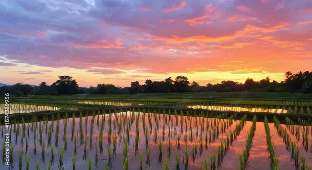 Obraz premium Vibrant sunset hues paint the sky above tranquil rice paddies, calm agricultural landscape