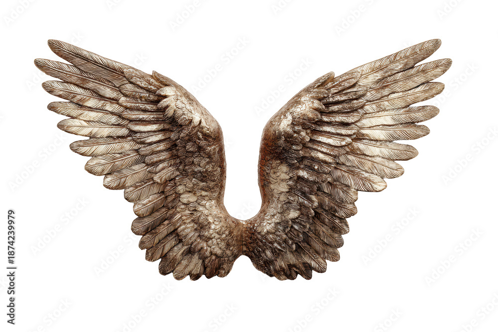 Fototapeta premium Gold angel wings ornament with spread wings and detailed feather texture isolated on transparent background. 