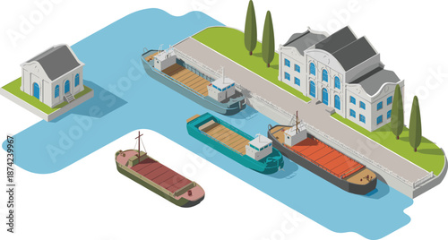 Isometric illustration of cargo ships docked at industrial port harbor, freight vessels anchored near pier with warehouse buildings and blue water