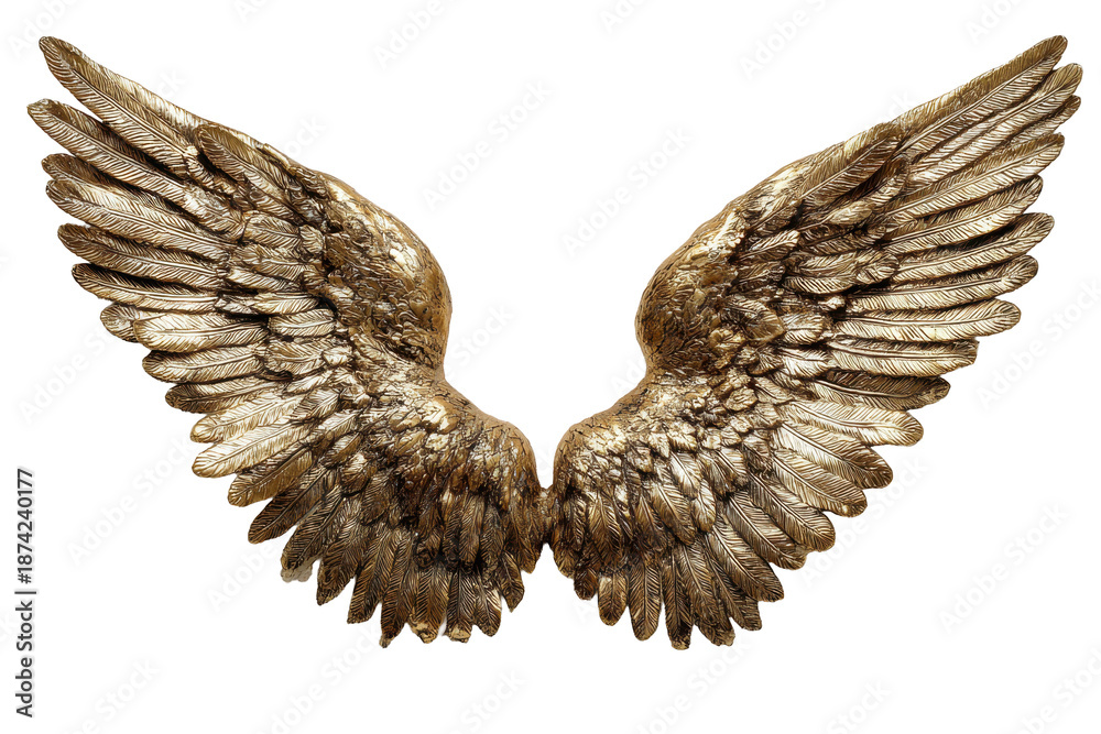 Fototapeta premium Gold angel wings ornament with spread wings and detailed feather texture isolated on transparent background. 