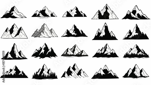 Collection of hand drawn mountain range illustrations in various styles.