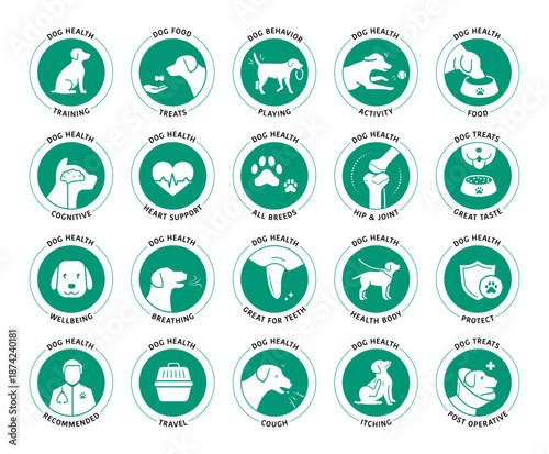A set of icons for dog. The basic parts of pet health. The outline icons are well scalable and editable. Contrasting elements are good for different backgrounds. EPS10.