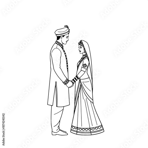 Black and white minimalist line art illustration of an Indian wedding couple, bride and groom facing each other holding hands, traditional sherwani and saree, clean vector style, white background, ele