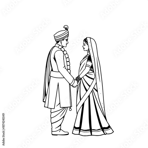 Black and white minimalist line art illustration of an Indian wedding couple, bride and groom facing each other holding hands, traditional sherwani and saree, clean vector style, white background, ele