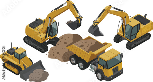 Isometric illustration of construction machinery including excavators, bulldozer, dump truck and rocks, heavy equipment working on construction and mining site
