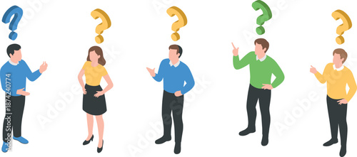 Isometric illustration of diverse people standing with question marks above heads representing confusion, curiosity, brainstorming, doubt, communication, and problem solving concept