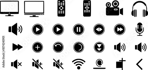Set of TV and multimedia icons in a simple, modern, flat design style
