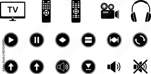 Set of TV and multimedia icons in a simple, modern, flat design style
