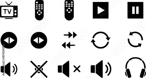 Set of TV and multimedia icons in a simple, modern, flat design style
