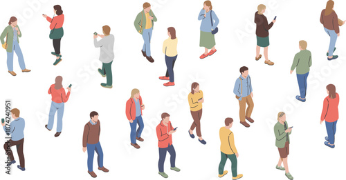 Isometric illustration of diverse people walking on white background, modern crowd concept showing various individuals commuting, business, casual, lifestyle activity, teamwork