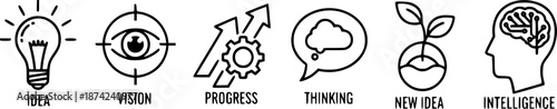 Conceptual icons representing ideas, vision, and progress in a modern style
