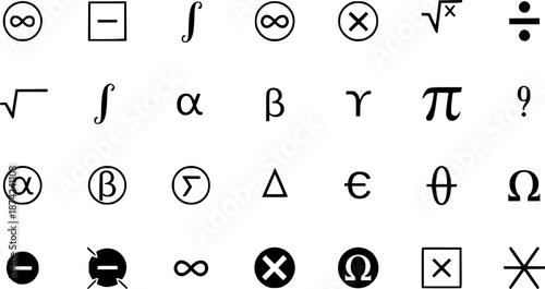 Mathematical symbols and icons isolated on a white background
