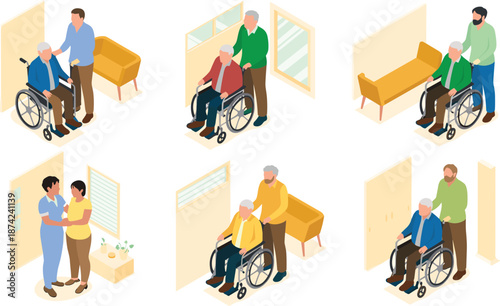 Isometric illustration of elderly care support, caregiver helping senior in wheelchair, nursing home assistance, healthcare compassion, rehabilitation and mobility aid