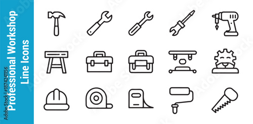 Professional workshop line icons set presents essential tools and safety equipment for craft and repair