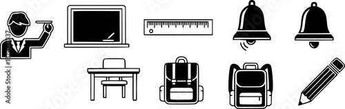 School icons set: teacher, blackboard, ruler, bell, desk, backpack, and pencil

