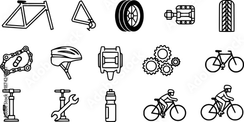 Bicycle parts icons in black and white, perfect for cycling and outdoor themes
