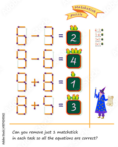 Can you remove just 1 matchstick in each task so all the equations are correct? Logic puzzle game with matches. Exercises on addition and subtraction. Brain teaser book. Hand drawn vector illustration