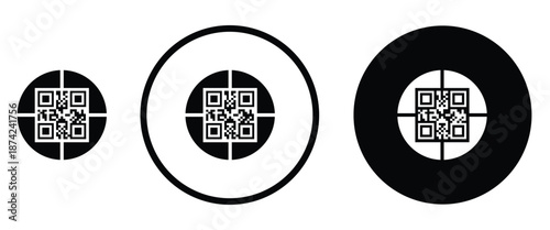Three minimalist black and white QR code icons arranged horizontally on a transparent background. Left: standard square QR pattern. Center: QR inside thin white circle on black. Right: QR inside thick