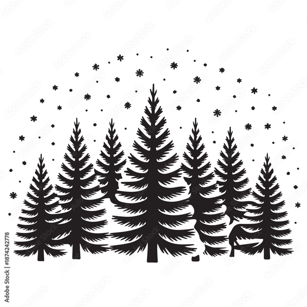 Fototapeta premium Majestic deer in serene snowy forest with towering pine trees