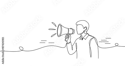 Line art illustration of male holding megaphone for announcement concept, no editable stroke