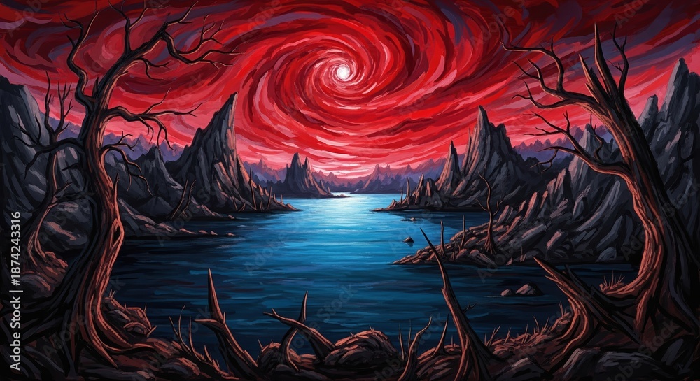 Fototapeta premium Dramatic Crimson Swirl Sky Over Dark Mountainous Lake in Fantasy Landscape