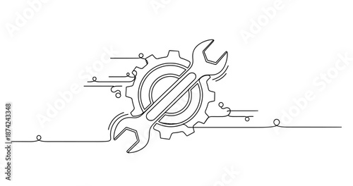 Continuous line drawing of wrench and gear symbolizing maintenance and repair concepts, no editable stroke