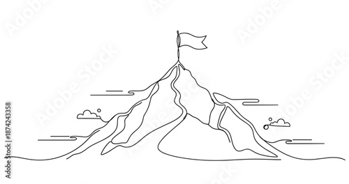 Minimalist line art of mountain landscape with flag on peak, no editable stroke