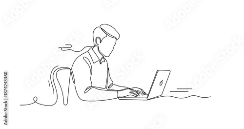 Line art illustration of young adult male working on laptop, no editable stroke