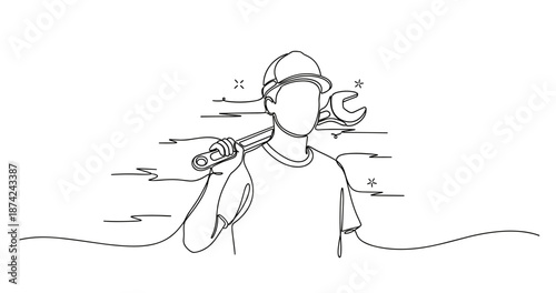 Line art of male construction worker with wrench over shoulder, no editable stroke