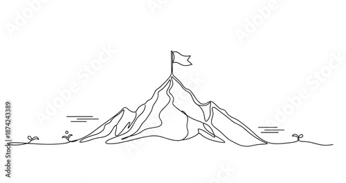 Minimalist line art mountain with flag illustration, no editable stroke