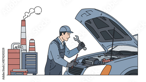 Professional mechanic diligently working on a car engine with a wrench.