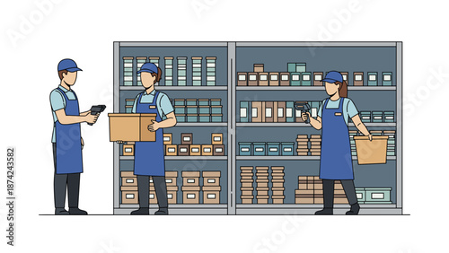 Warehouse Workers Inspecting Inventory and Managing Stock in Storage.