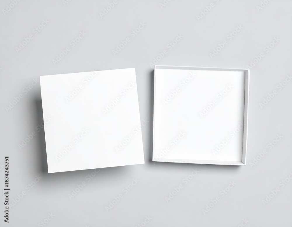 Fototapeta premium Top Down View Of An Open White Square Box With Lid On A Neutral Gray Background