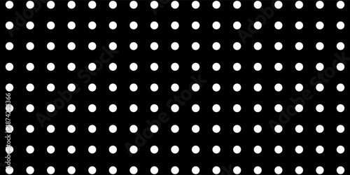 A clean and minimalist pattern featuring evenly spaced white polka dots on a solid black background.