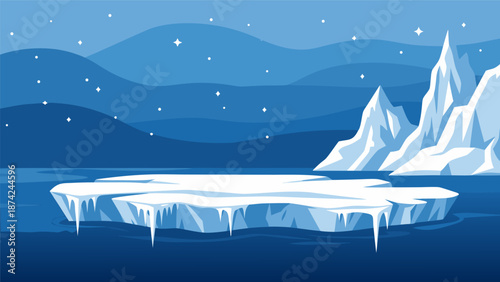 Arctic ice floe with icy peaks and falling snow in this vector illustration, depicting a serene frozen landscape