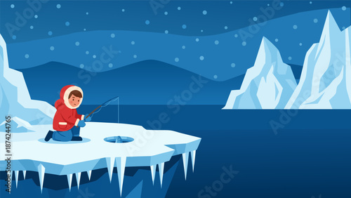 Winter fishing vector illustration of a person ice fishing in the Arctic with icebergs