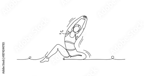 Line art yoga pose: female stretching in minimalist illustration. No editable strokes