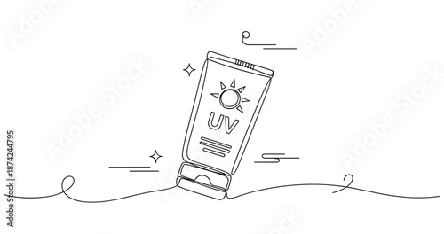 Minimalist line art of sunscreen tube with uv protection symbol. No editable strokes