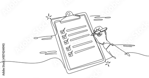 Hand drawing checklist on clipboard with check marks in continuous line art. No editable strokes