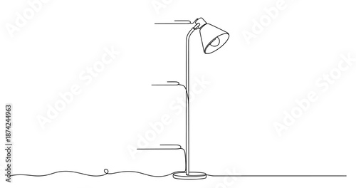 Minimalist continuous line drawing of a modern floor lamp. No editable strokes