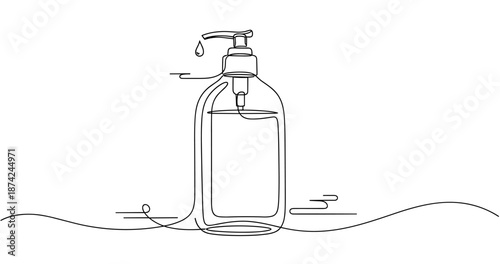 Minimalist line art of liquid soap dispenser with dripping water. No editable strokes