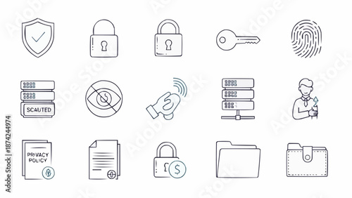 Collection of hand-drawn security and finance icons for digital use.