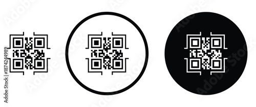 Three minimalist black and white QR code icons arranged horizontally on a transparent background. Left: standard square QR pattern. Center: QR inside thin white circle on black. Right: QR inside thick