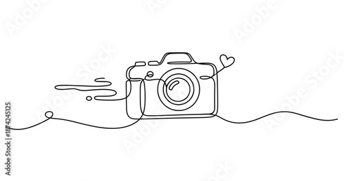 One-line art of a camera with heart symbol. No editable strokes