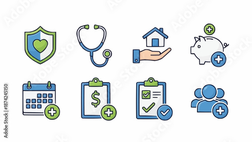 Collection of healthcare and finance icons representing insurance and savings.