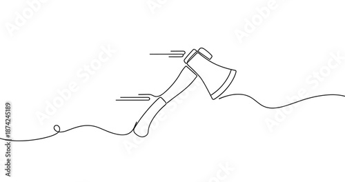 Minimalist line drawing of a flying axe with motion lines on white background. No editable strokes