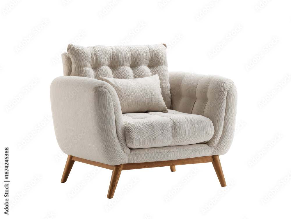 Fototapeta premium Beige upholstered armchair with cozy fabric texture isolated on transparent background. 