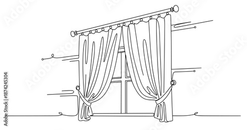 Elegant window curtains flowing in the wind line art illustration. No editable strokes