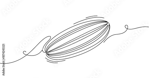 Abstract continuous line drawing of a flying airship or zeppelin. No editable strokes